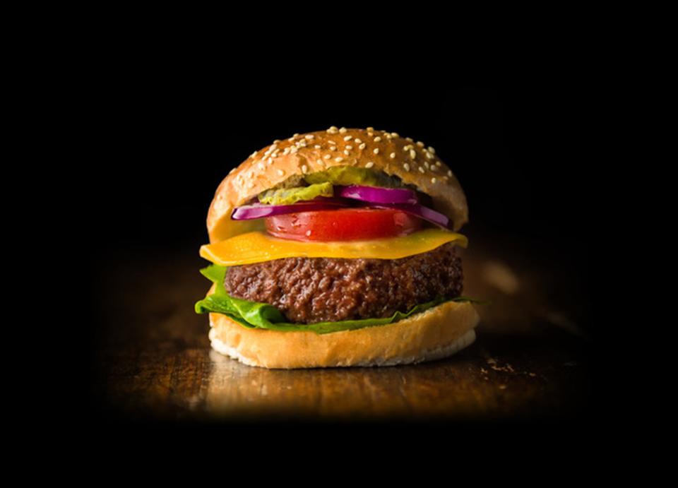 A hamburger made out of cultured meat by Mosa Meat.