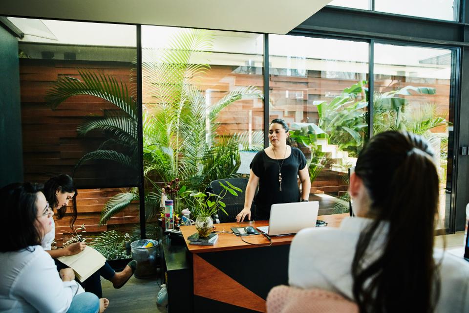 Businesswoman leading project discussion with employees in office