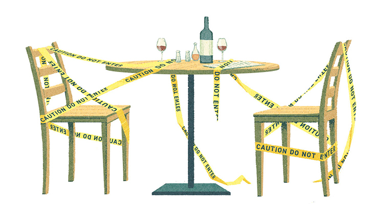 Illustration of two empty chairs at a table, wrapped in caution tape. On the table are two glasses and a wine bottle.
