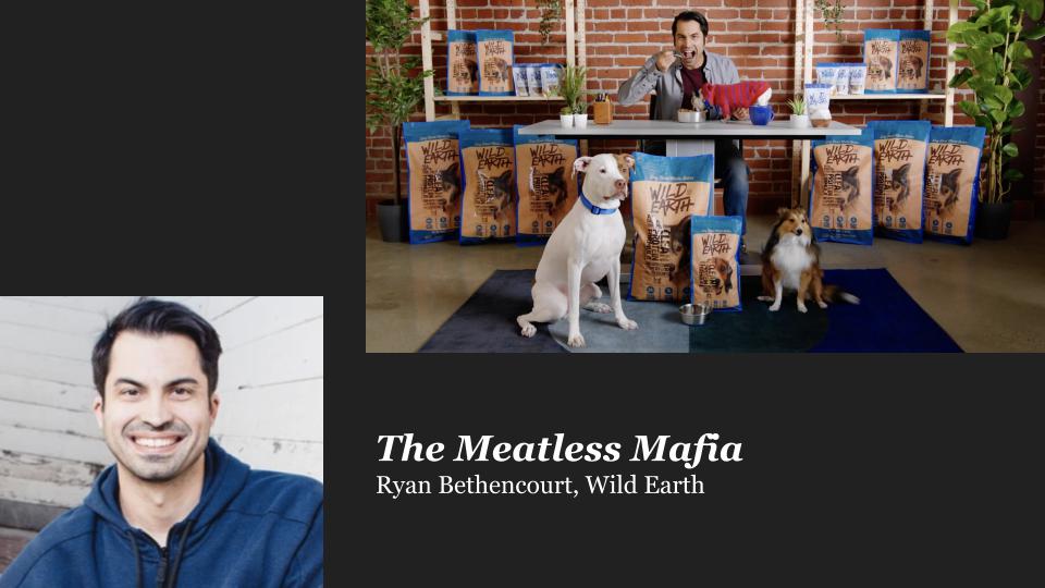 A white man in a blue sweatshirt smiling at camera and the same white man eating food with dogs and bags of dog food